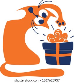 Christmas cat with gift box. New year greeting, surprise, secret, confused. Vector flat illustration isolated on white background.