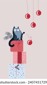 Christmas cat with the gift boxes