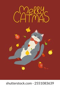 Christmas cat greeting card. Cute funny kitten playing with Christmas tree ornaments. Merry Christmas handwritten lettering. Vector illustration design template for Happy New Year celebrations