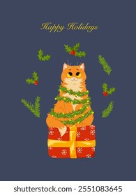 Christmas cat greeting card. Cute funny ginger cat character with a Christmas present. Happy Holidays text. Vector illustration postcard design for Merry Christmas and Happy New Year congratulations