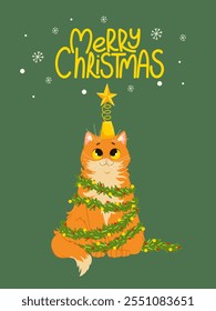 Cartão de saudação de Natal. Gato de gengibre engraçado bonito vestindo guirlanda de Natal. Feliz Natal, letras escritas à mão. Modelo de design de ilustração vetorial para comemorações de Feliz Ano Novo