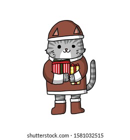 Christmas Cat. Happy cat holding gifts box. Christmas seasonal. Isolated hand drawn vector.