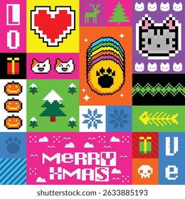 christmas cat with happy pixel pattern seamless