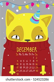 Christmas cat in the hat and the sweater under the garland. December calendar