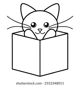 Christmas Cat hiding in a holiday gift box vector line art icon.