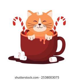 Christmas Cat in Hot Cocoa Mug with Candy Canes