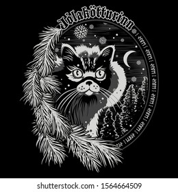 The Christmas Cat of Iceland - The Yule Cat - Jolakotturinn, Icelandic mythological character. Christmas design, isolated on black, vector illustration