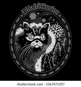 The Christmas Cat of Iceland - The Yule Cat - Jolakotturinn, Icelandic mythological character. Christmas design, isolated on black, vector illustration