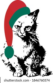 Christmas cat isolated on white. Vector illustration of a cute angry cat face in Santa Claus hat. 