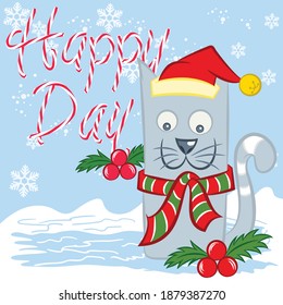 Christmas Cat Kitten cartoon character. A Cute Kitten standing on blue background. Flat design Vector illustration.