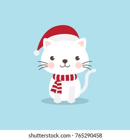 Christmas Cat Kitten cartoon character. A Cute Kitten standing on blue background. Flat design Vector illustration. 