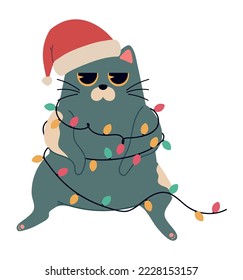 christmas cat with lights icon isolated