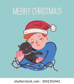 Christmas cat, Merry Christmas illustrations of boy hugging cats, young person with pet portrait in flat cartoon style.