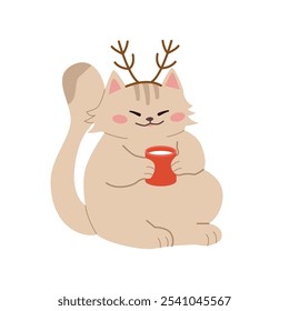 Christmas Cat with a Mug of Milk. Cute Funny Feline Character. Hand Drawn Vector Illustration.