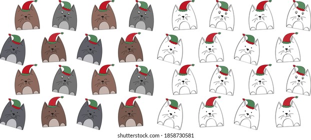 Christmas cat pattern line art, Cute cat in Christmas hat, wrapping paper design