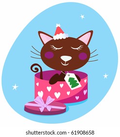 Christmas cat in pink gift box. Vector Illustration.