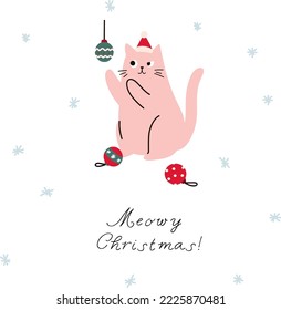 Christmas cat playing with ornaments. Cartoon vector style