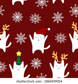 christmas cat red background seamless pattern with snowflakes