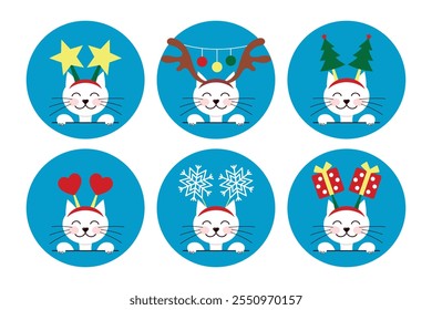 Christmas cat round sticker set, cute character with festive headband on, winter decoration, circle vector design elements