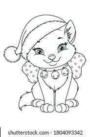 Christmas cat with Santa hat Coloring Page. Black and white cartoon illustration