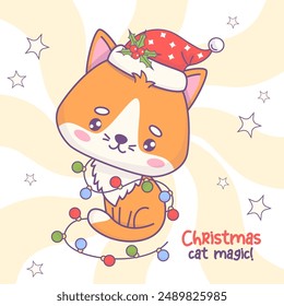 Christmas cat in Santa hat with festive garland. Cartoon funny kawaii animal character. New Year card. Vector illustration. Kids collection