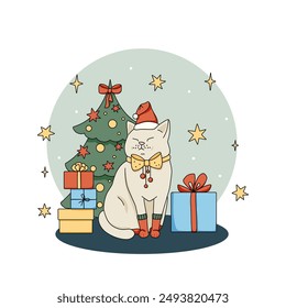 Christmas cat in Santa hat. Festive vector illustration for winter New Years design and greeting card template