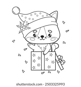 Christmas cat in Santa hat in New Year gift box. Outline cartoon animal character. Line drawing, coloring book. Vector illustration. Kids collection