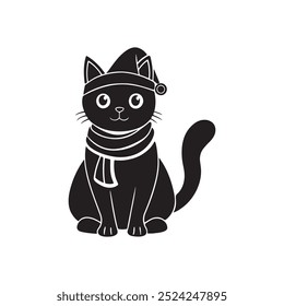 Christmas cat in Santa Hat and Scarf, silhouette vector, vector and illustration