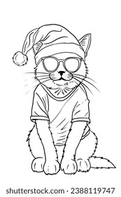 Christmas cat with Santa hat and sunglasses Coloring Page. Black and white cartoon illustration