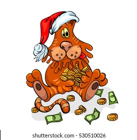 Christmas cat with Santa hat. . Christmas vector illustration