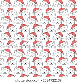 Christmas cat seamless pattern, cute black line kitten with santa hat on, wallpaper, postcards, wrapping paper, kids, curtains, tablecloths, bedding, simple vector background