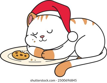 Christmas cat sleeping after eating cookies vector illustration