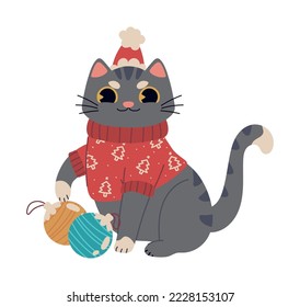 christmas cat with sweater icon isolated