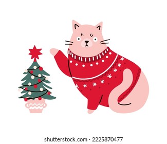 Christmas cat in a sweater trying to overturn the Christmas tree. Cartoon vector style