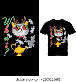 What? Christmas Cat T-Shirt Design, A bespectacled cat emerges from Aladdin's lamp.Funny Cat Shirt, Cat Lover Shirt.