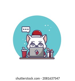 christmas cat using laptop illustration