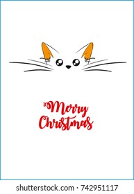 Christmas cat. Vector illustration of a cat face on a white background with a christmas text.
