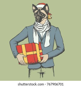 Christmas cat vector illustration. Cat in human suit with gift. Christmas cat vector in Santa hat