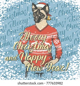 Christmas cat vector illustration. Cat in human wear with gift and lettering merry Christmas