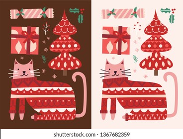 Christmas Cat Vector Illustration. Christmas Tree, Cracker, Gift And A Cat Wearing A Christmas Sweater.