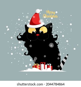 a Christmas cat. vector image of a domestic cat. a black kitten in a Santa hat. Merry Christmas