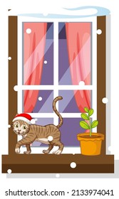 Christmas cat walking on narrow window with snow falling illustration