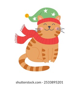 Christmas cat wearing hat and scarf. Cute funny feline character. Vector illustration in flat style