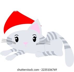 Christmas Cat wearing a Santa hat. Cute cartoon holiday kitten vector illustration 