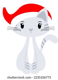 Christmas Cat wearing a Santa hat. Cute cartoon holiday kitten vector illustration 