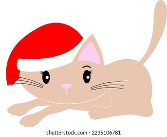 Christmas Cat wearing a Santa hat. Cute cartoon holiday kitten vector illustration 