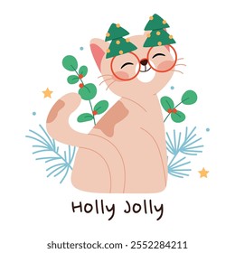 Christmas cat wearing Christmas tree-shaped glasses is smiling. The inscription Holly jolly.