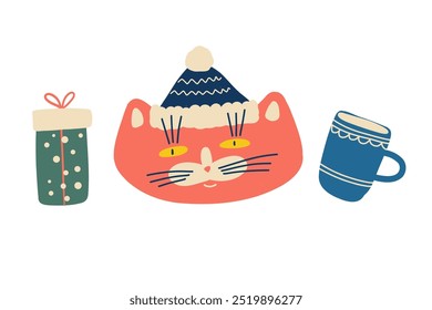 Christmas cat wearing winter accessories like hat and scarves on a white background with a New Year's gift, a mug for drinks.