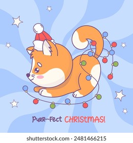 Christmas cat in winter hat with festive garland. Cartoon funny kawaii animal character. New Year card. Vector illustration. Kids collection