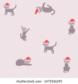 Christmas cat. Winter Holidays vector seamless pattern. Pet craft postcard graphic design element. Cute Hand written calligraphy sign. Kids drawing hand made paper cutout collage art
